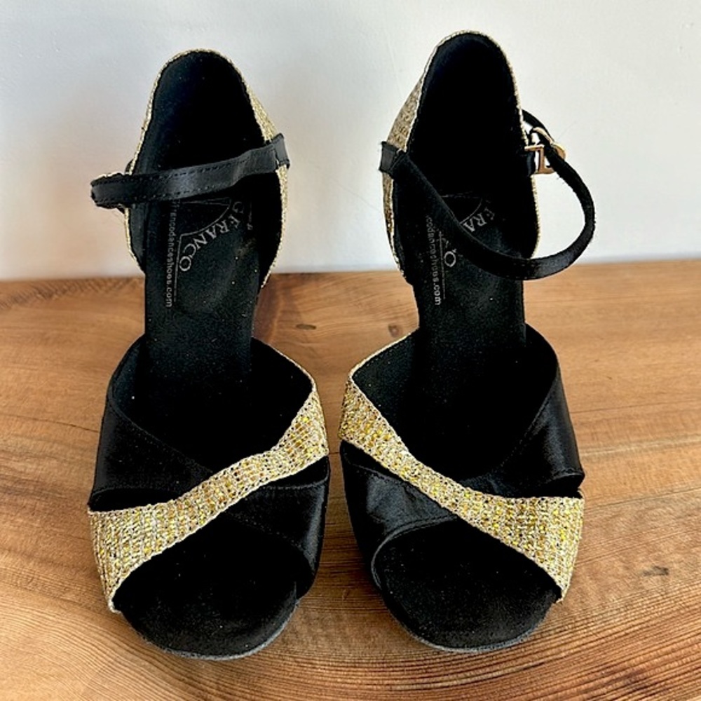 G franco salsa latin dance shoes Black with Sparkle gold strappy size 5.5